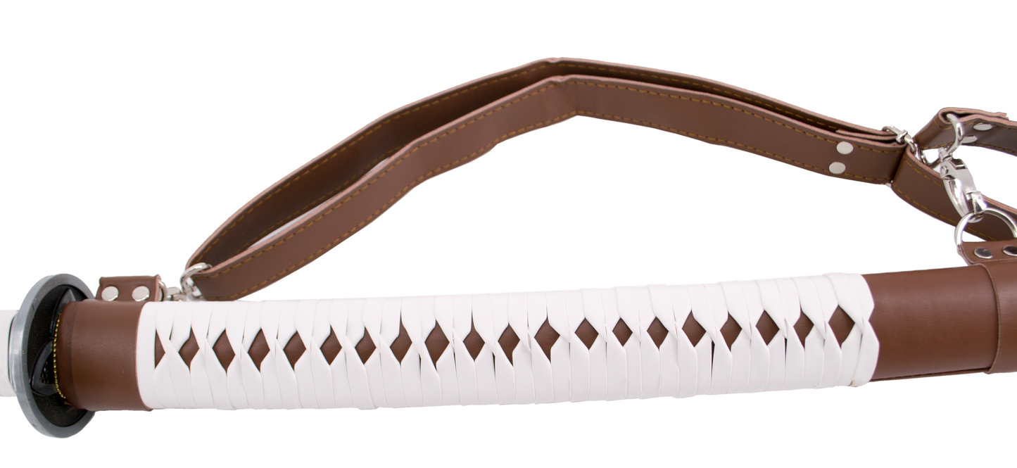 Katana Funcional S2247H de Michonne de Walking Dead réplica no oficial de 102 cm hoja de acero al carbono AISI 1045, vaina de curpiel marrón con encordado blanco de curpiel y cinta para colgar en la espalda