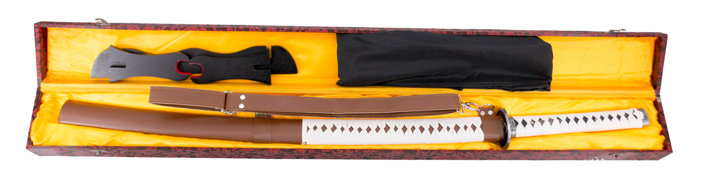 Katana Funcional S2247H de Michonne de Walking Dead réplica no oficial de 102 cm hoja de acero al carbono AISI 1045, vaina de curpiel marrón con encordado blanco de curpiel y cinta para colgar en la espalda