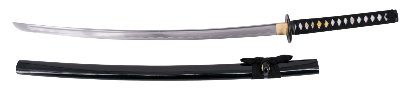 Katana Funcional S5001 de 105 cm hoja de acero al carbono AISI 1045 con filo, con vaina negra y encordado negro, mango con encordado negro con caja de madera forrada de tejido