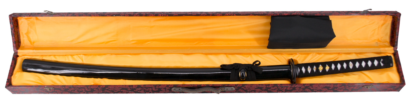 Katana Funcional S5001 de 105 cm hoja de acero al carbono AISI 1045 con filo, con vaina negra y encordado negro, mango con encordado negro con caja de madera forrada de tejido