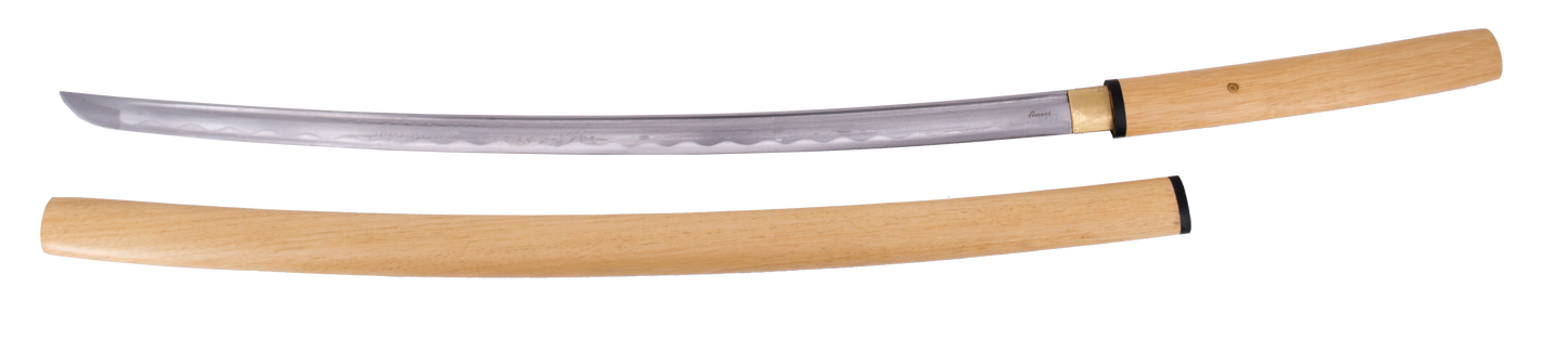 Shirasaya Funcional S5002 de 105 cm hoja de acero al carbono AISI 1045 con filo, con vaina y mango de madera clara, con caja de madera forrada de tejido decorativo