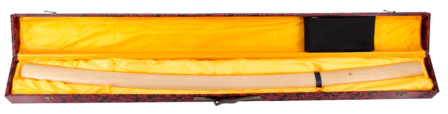 Shirasaya Funcional S5002 de 105 cm hoja de acero al carbono AISI 1045 con filo, con vaina y mango de madera clara, con caja de madera forrada de tejido decorativo