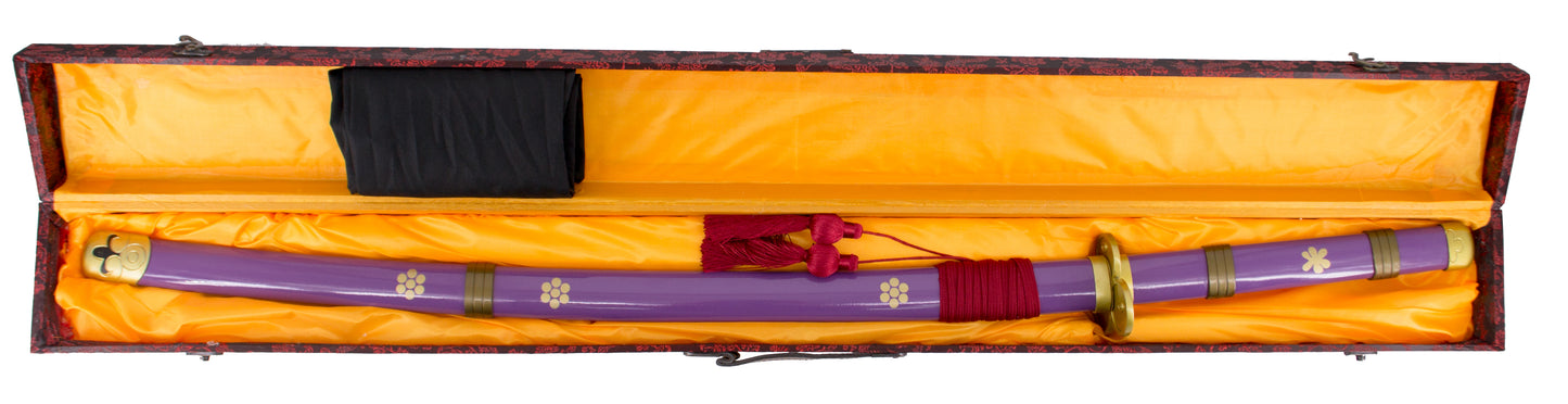 Katana Funcional S5005H Katana Enma de Zoro de One Piece réplica no oficial acabada en lila, de 108 cm hoja de acero al carbono AISI 1045 acabada en negro con detalles en el corte amarillos y verdes