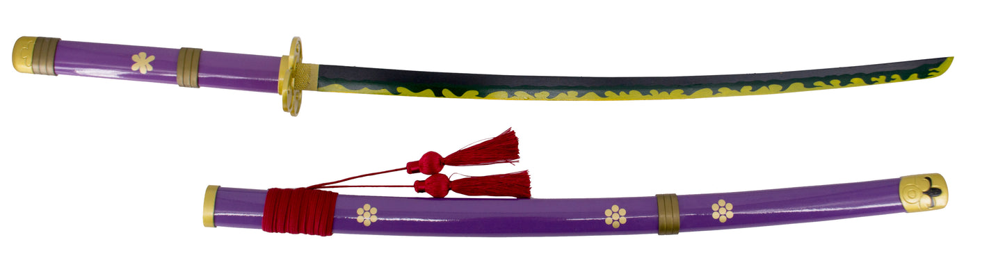 Katana S5005PL Katana Enma de Zoro de One Piece réplica no oficial acabada en lila, de 103 cm hoja de acero acabada en negro con detalles en el corte amarillos y verdes, con vaina lila con detalles dorados