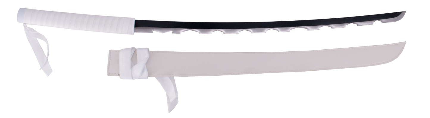 Katana S5010 de Demon Slayer Katana empuñada por Inosuke Hashibira réplica no oficial de 101 cm hoja de acero, la hoja está dentada, mango con encordado blanco, vaina de polipel blanca. Ref. S5010