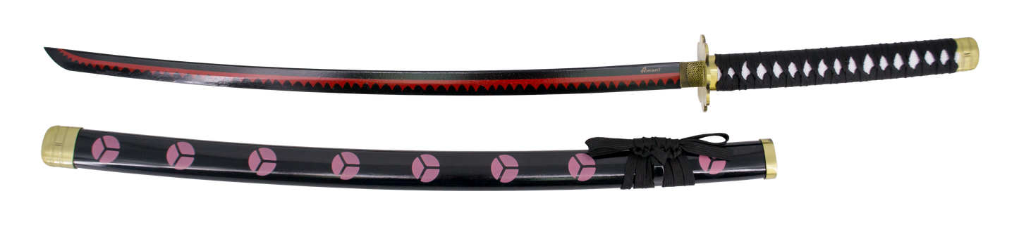 Katana S5015 Shusui de Zoro de One Piece réplica no oficial de 100 cm hoja de acero negra con dentado en rojo, mango con encordado negro con soporte. Ref. S5015