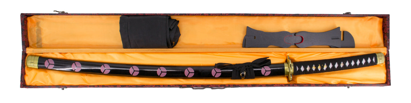 Katana Funcional S5015H Shusui de Zoro de One Piece réplica no oficial de 105 cm hoja de acero al carbono AISI 1045 acabada en negro con dentado en rojo, mango con encordado negro