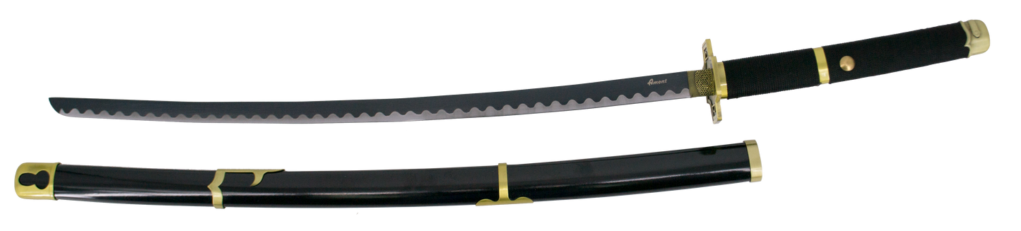 Katana S5016 Yubashiri de Zoro de One Piece réplica no oficial de 100 cm hoja de acero acabado en negro con dentado satinado, mango con encordado negro, con soporte. Ref. S5016