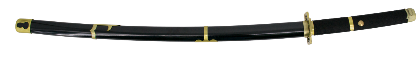 Katana S5016 Yubashiri de Zoro de One Piece réplica no oficial de 100 cm hoja de acero acabado en negro con dentado satinado, mango con encordado negro, con soporte. Ref. S5016