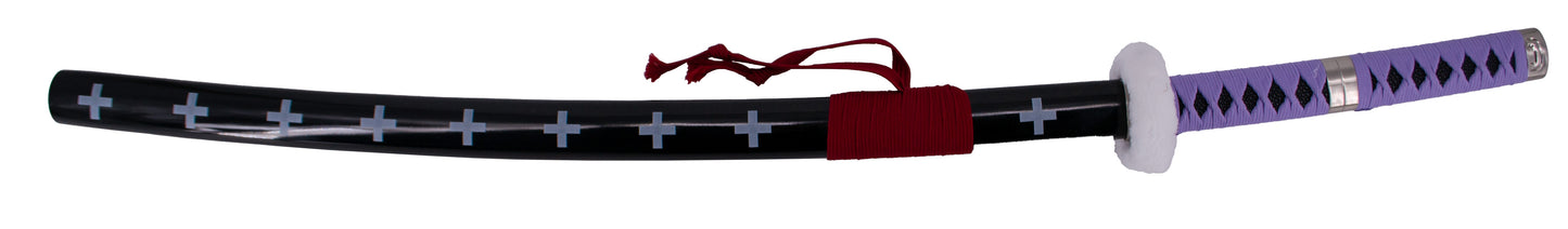 Katana S5017 de Trafalgar Law de One Piece réplica no oficial de 100 cm hoja de acero negra con corte en satinado, mango con encordado marrón claro y Tsuba forrada con terciopelo, con soporte. Ref. S5017