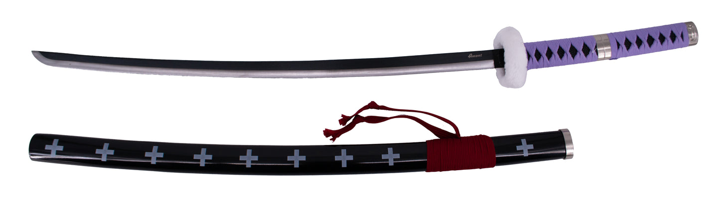 Katana S5017 de Trafalgar Law de One Piece réplica no oficial de 100 cm hoja de acero negra con corte en satinado, mango con encordado marrón claro y Tsuba forrada con terciopelo, con soporte. Ref. S5017