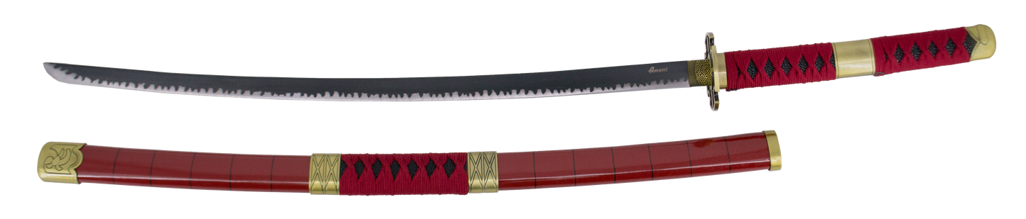 Katana S5019 Sandai Kitetsu de Zoro de One Piece réplica no oficial de 103 cm hoja de acero negra con dentado satinado, mango con encordado burdeos, con soporte. Ref. S5019