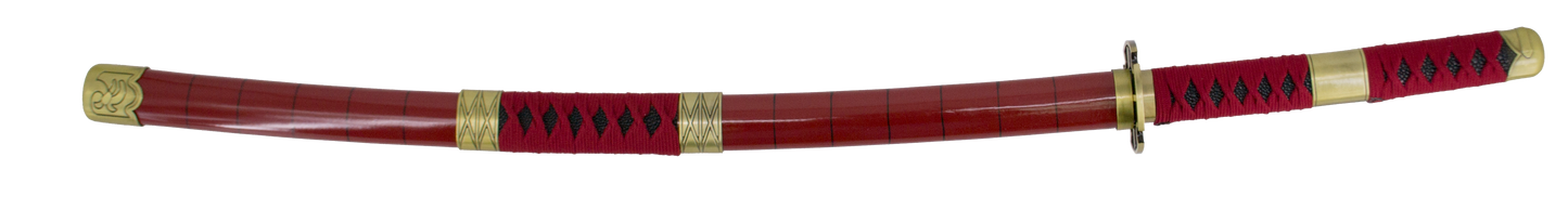 Katana S5019 Sandai Kitetsu de Zoro de One Piece réplica no oficial de 103 cm hoja de acero negra con dentado satinado, mango con encordado burdeos, con soporte. Ref. S5019