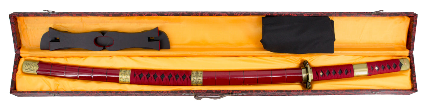 Katana Funcional S5019H Sandai Kitetsu de Zoro de One Piece réplica no oficial de 102 cm hoja de acero al carbono AISI 1045, mango con encordado burdeos, con soporte. Ref. S5019H