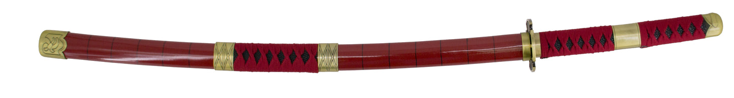 Katana Funcional S5019H Sandai Kitetsu de Zoro de One Piece réplica no oficial de 102 cm hoja de acero al carbono AISI 1045, mango con encordado burdeos, con soporte. Ref. S5019H