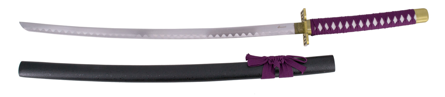 Katana S5025 de Hirako Shinii Sakanade de Bleach réplica no oficial de 104 cm hoja de acero, vaina negra con encordado morado, mango con encordado morado. Ref. S5025