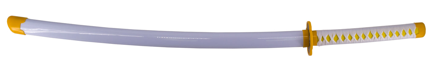 Katana S5030 de Agatsuma Zenitsu de Demon Slayer réplica no oficial de 105 cm hoja de bambú negra con detalles amarillos y corte en satinado, mango con encordado blanco y naranja. Ref. S5030