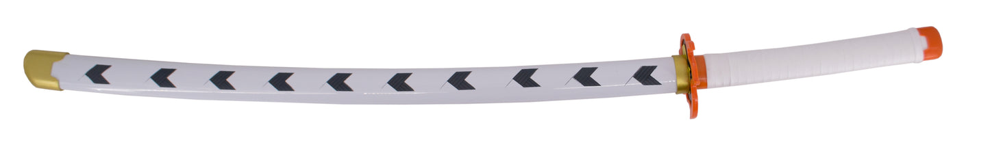 Katana S5037 de Demon Slayer empuñada por Rengoku Kyoujurou réplica no oficial de 105 cm hoja de bambú, mango con encordado de polipiel blanca y vaina blanca con detalles. Ref. S5037