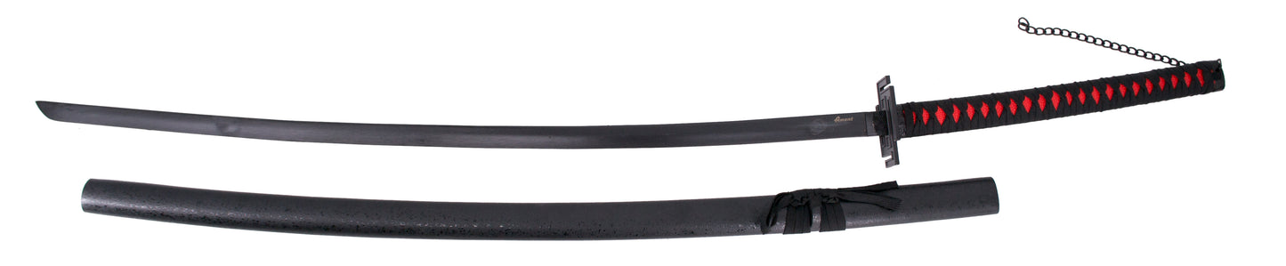Katana S5041 Tensa Zagetsu Ichigo Kurosaki de Bleach réplica no oficial de 140 cm hoja de acero negra, vaina negra, mango encordado negro. Ref. S5041
