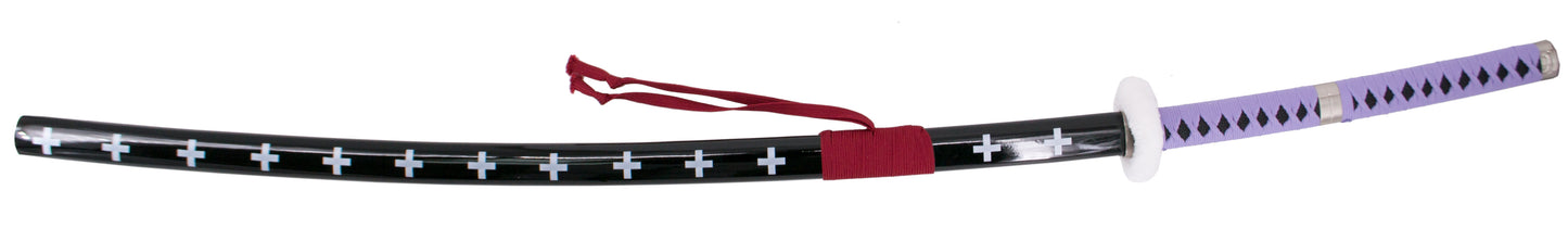 Katana S5042 de Trafalgar Law de One Piece réplica no oficial de 140 cm hoja de acero negra con corte en satinado, mango con encordado morado y Tsuba forrada con terciopelo, con soporte. Ref. S5042