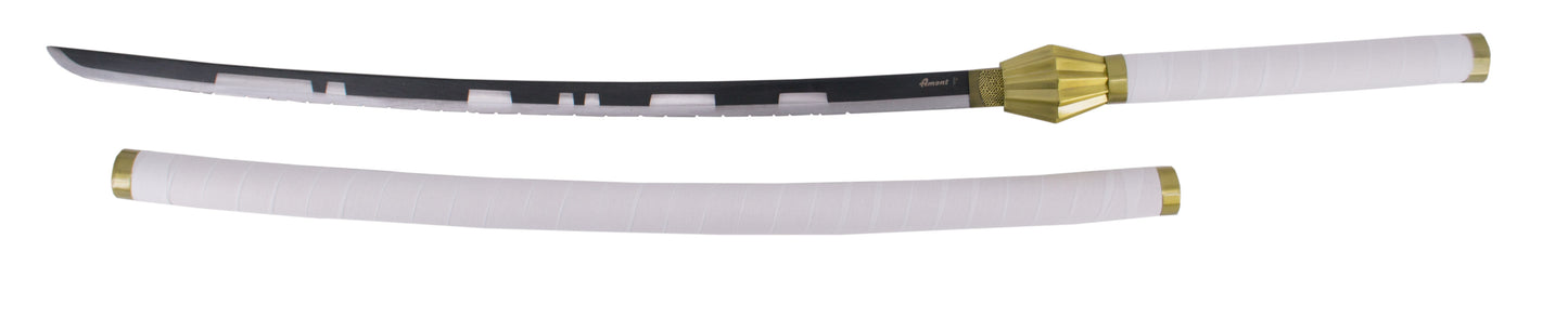 Katana S5047 de Kenpachi de Bleach réplica no oficial de 109 cm hoja de acero en negro y el corte satinado con dentado, mango y funda con encordado blanco