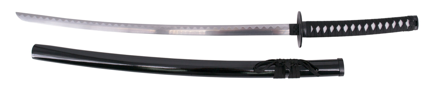 Katana S5048 de Kenshin con filo invertido réplica no oficial de 105 cm hoja de acero acabada en satinado, mango con encordado negro e imitación de piel de raya en blanco, con soporte. Ref. S5048