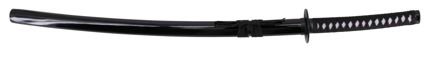 Katana S5048 de Kenshin con filo invertido réplica no oficial de 105 cm hoja de acero acabada en satinado, mango con encordado negro e imitación de piel de raya en blanco, con soporte. Ref. S5048