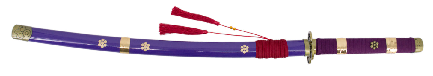 Katana S5074 Katana Enma de Zoro de One Piece réplica no oficial acabada en lila, de 104 cm hoja de acero acabada en negro con detalles en el corte lilas, con vaina lila con detalles dorados y encordado rojo