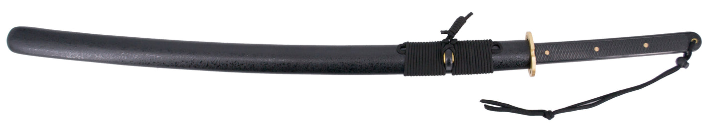 Catana Funcional S6033 de 100 cm hoja de acero al carbono 1065 con filo, con vaina negra y encordado negro, mango de plástico texturizado, con caja de madera forrada y soporte de presentación. Ref. S6033