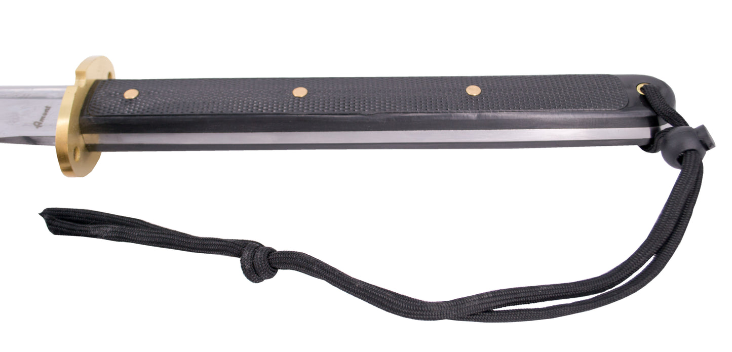 Catana Funcional S6033 de 100 cm hoja de acero al carbono 1065 con filo, con vaina negra y encordado negro, mango de plástico texturizado, con caja de madera forrada y soporte de presentación. Ref. S6033
