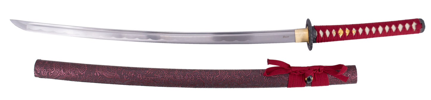 Katana Funcional S6037 de 104 cm hoja de acero al carbono 1045, vaina de madera forrada con tela decorada granate, mango encordado rojo
