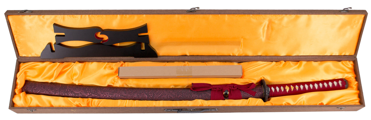 Katana Funcional S6037 de 104 cm hoja de acero al carbono 1045, vaina de madera forrada con tela decorada granate, mango encordado rojo