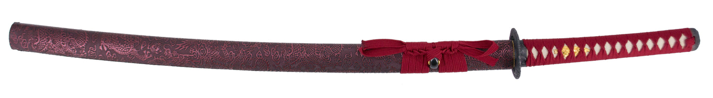 Katana Funcional S6037 de 104 cm hoja de acero al carbono 1045, vaina de madera forrada con tela decorada granate, mango encordado rojo