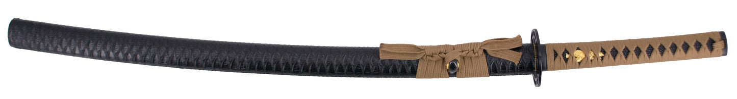 Katana Funcional S6038 de 104 cm hoja de acero al carbono 1045, vaina de madera forrada con polipiel negra imitando piel de cocodrilo, mango encordado marrón