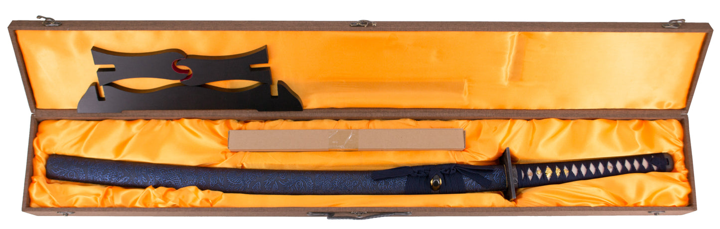 Katana Funcional S6039 de 104 cm hoja de acero de damasco azul, vaina de madera forrada con tela decorada azul, mango encordado azul con piel de raya auténtica