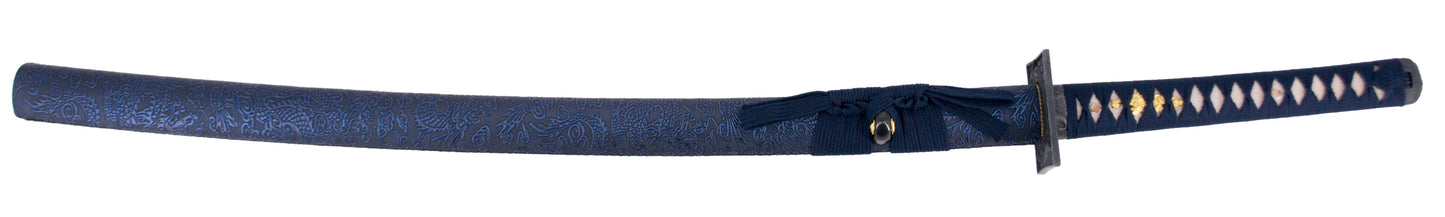 Katana Funcional S6039 de 104 cm hoja de acero de damasco azul, vaina de madera forrada con tela decorada azul, mango encordado azul con piel de raya auténtica