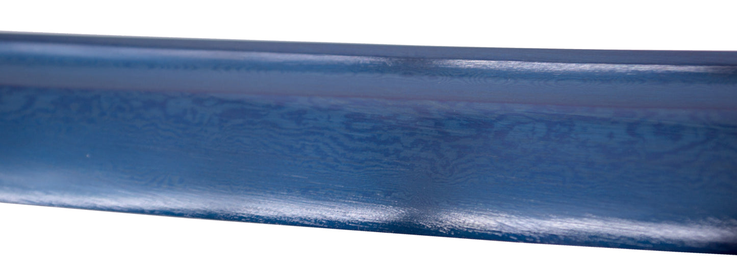 Katana Funcional S6039 de 104 cm hoja de acero de damasco azul, vaina de madera forrada con tela decorada azul, mango encordado azul con piel de raya auténtica