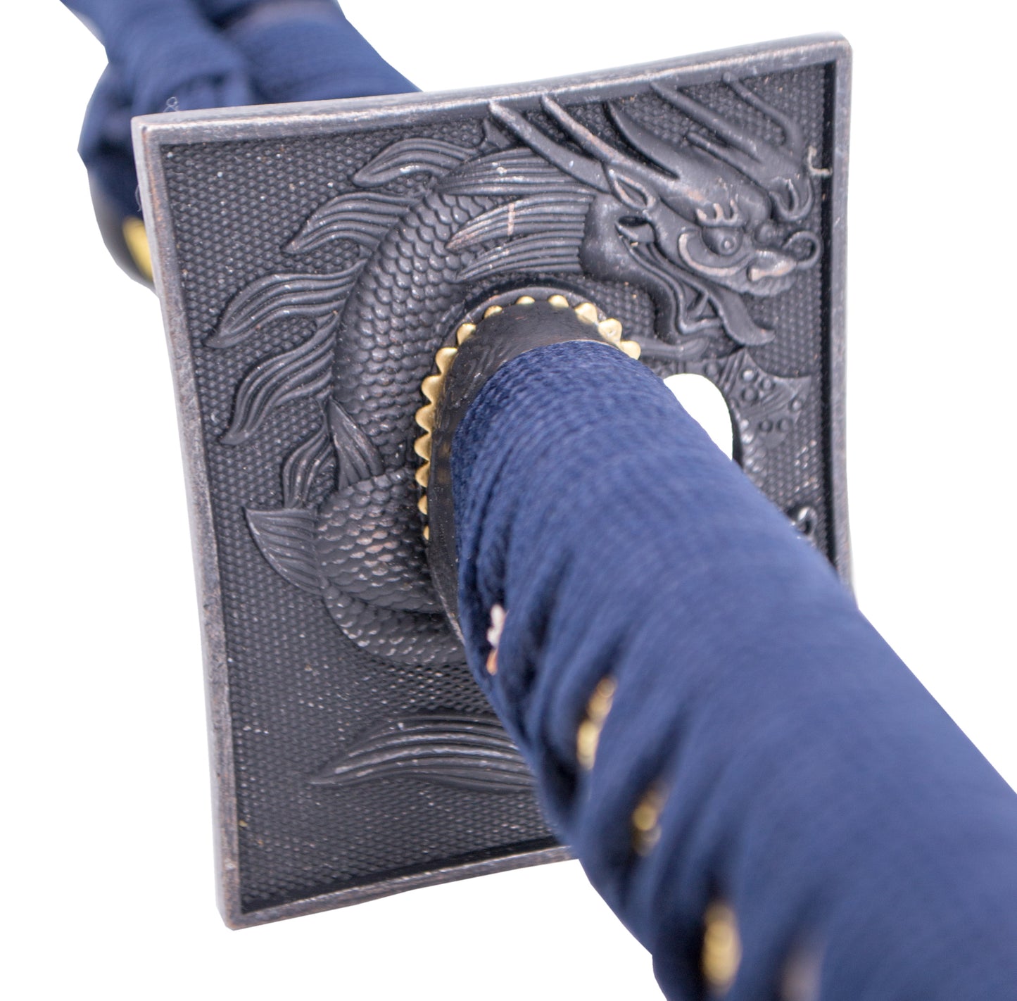 Katana Funcional S6039 de 104 cm hoja de acero de damasco azul, vaina de madera forrada con tela decorada azul, mango encordado azul con piel de raya auténtica