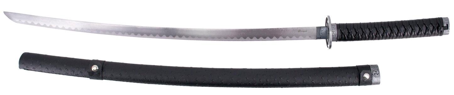 Katana S6044N de curpiel negro con decoración de 101 cm hoja de acero, mango con encordado de curpiel negro, con soporte. Ref. S6044N
