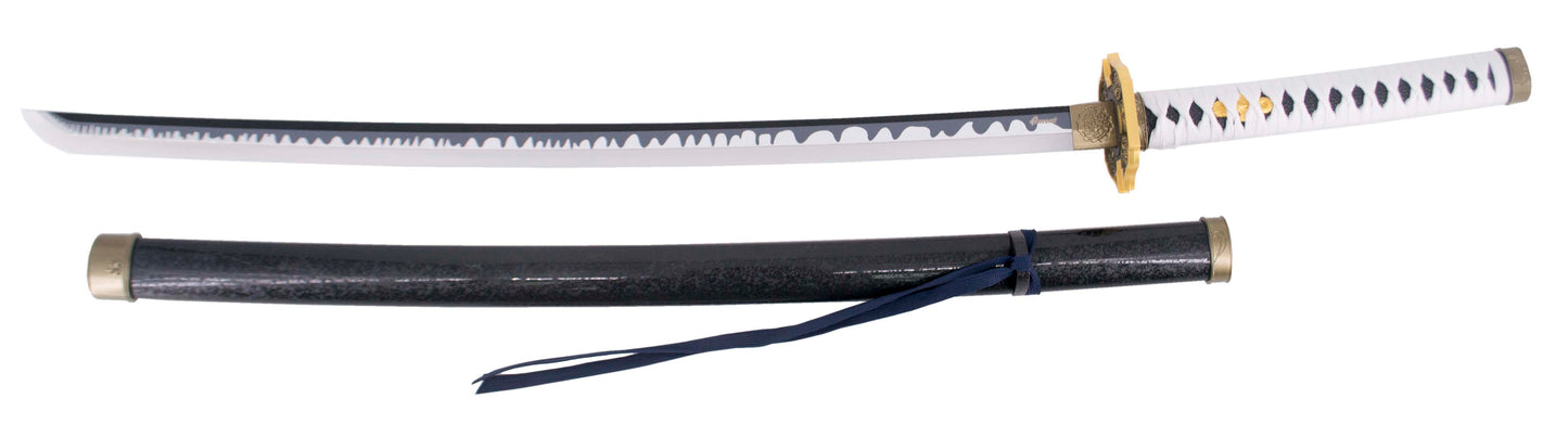 Katana Bambú LED S6055 de Vergil Yamato de Devil May Cry 5 réplica no oficial de 68,5 cm hoja de bambú en azul y gris, con tira de led en color blanco, mango encordado blanco. Mecanismo de pilas AAARef. S6055