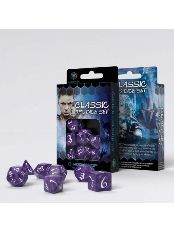 Dados de rol clásicos en morado y blanco (7 unidades) - Q Workshop
