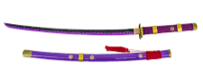 Katana Funcional S5074H de Enma de Zoro de One réplica no oficial de 106.5 cm hoja de acero al carbono AISI 1045 acabada en negro con detalles en el corte lilas, con vaina lila con detalles dorados y encordado rojo