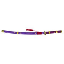Katana Funcional S5074H de Enma de Zoro de One réplica no oficial de 106.5 cm hoja de acero al carbono AISI 1045 acabada en negro con detalles en el corte lilas, con vaina lila con detalles dorados y encordado rojo