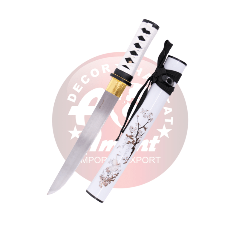 Tanto Funcional S6046B de 45 cm con hoja de acero al carbono 1065 de 27 cm, vaina de madera acabada en blanco con detalles de flores y grulla, mango encordado blanco con imitación de piel de raya
