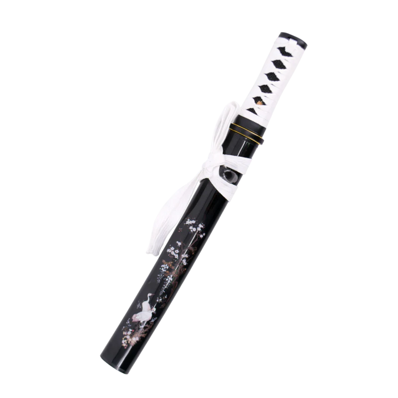 Tanto Funcional S6046N de 45 cm con hoja de acero al carbono 1065 de 27 cm, vaina de madera acabada en negro con detalles de flores y grulla, mango encordado blanco con imitación de piel de raya