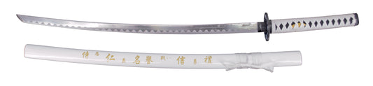 Katana 10037B de 102 cm, vaina blanca con inscripción, hoja de acero, mango con encordado blanco, con funda de nylon. Ref. 10037B