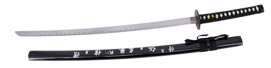 Katana 10037N de 102 cm, vaina negra con inscripción, hoja de acero, mango con encordado negro, con funda de nylon. Ref. 10037N