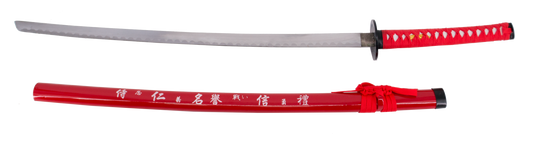 Katana 10037R de 102 cm, vaina roja con inscripción, hoja de acero, mango con encordado roja, con funda de nylon. Ref. 10037R