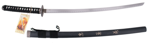 Katana 11002-3 "Corage, Deber y Lealtad" el último samurai vaina negra con grabado "Corage, Deber y Lealtad" de 101 cm hoja de acero, mango con encordado negro, con soporte. Ref. 11002-3