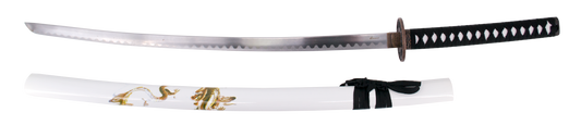Katana 15343B de 102 cm hoja de acero, con vaina blanca con decoración de dragón, mango con encordado negro, con soporte. Ref. 15343B